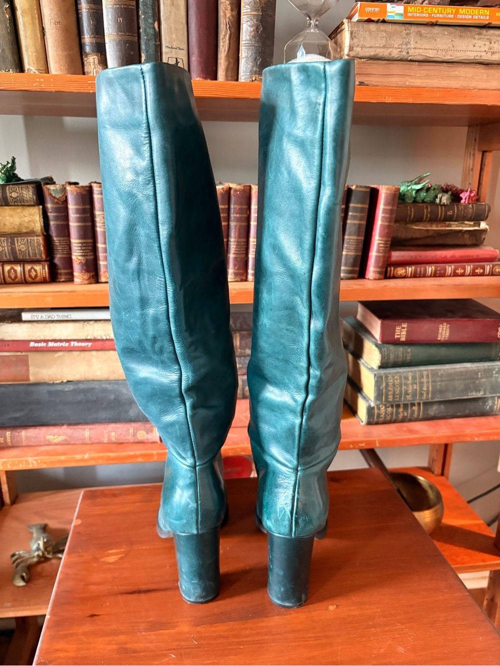 Nine West Teal/Green Knee-High Leather Boots with Block Heel - Picture 3 of 13
